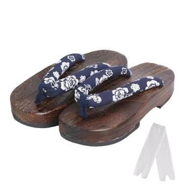 Imagem de Cutey May Sandálias infantis japonesas tradicionais de madeira Geta Clog nezuko cosplay fantasia para meninos e meninas, Azul, 31-32.5