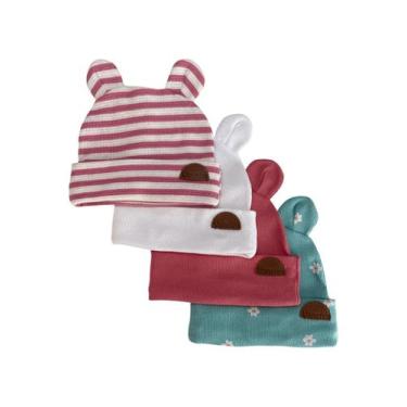Imagem de Kit 4 Touca/Gorro com Orelhinhas de Inverno Frio Bebê Recém-Nascido - 