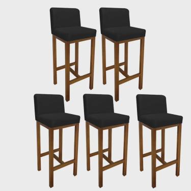 Imagem de Kit 05 Banqueta Alta Com Encosto Aila Cozinha Balcão Bistrô Base Madeira Castanho Corino Preto - Ahz Móveis