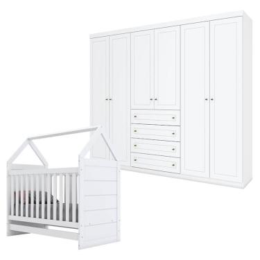 Imagem de Berço Montessoriano e Guarda Roupa Infantil Americano 6 Portas Branco hp - Henn