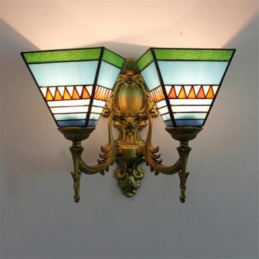 Imagem de OUFULA Luminária de parede de vidro colorido de luxo europeia, americana, retrô, sala de estar, restaurante, quarto, estudo, villa, hotel, café, bar, corredor, luz (B 2 lights)