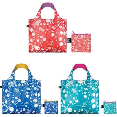 Imagem de LOQI Sacolas de compras reutilizáveis sementes, conjunto de 3, sino coral, flor de milho, azul-petróleo