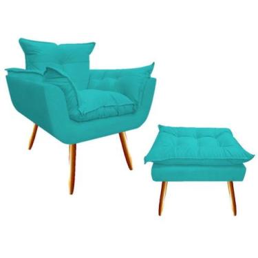 Imagem de Kit Poltrona + Puff Decorativo Opala Suede Azul Turquesa Pés Madeira M