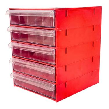 Imagem de Gaveteiro Organizador Vermelho com 05 Gavetas Transparentes e Resistentes Multiuso para Escritório, Ferramentas, Maquiagem e Papelaria – MAGUS CG505
