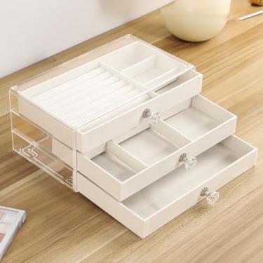 Imagem de Porta Joia Acrílico Luxo Com 3 Camadas Brinco Anel Compartimento caixa de armazenamento de jóias (BEGE(Três camadas))