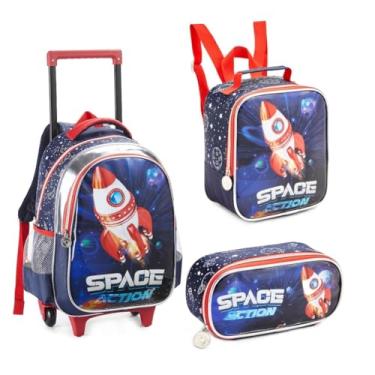 Imagem de Kit Mochila Com Rodinhas Foguete Astronauta Infantil Menino