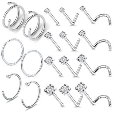 Imagem de Vsnnsns Piercing de nariz 18G, 20G, 22G, joia para mulheres, aço inoxidável cirúrgico 316L, saca-rolhas em forma de L, opala reta, zircônia, argolas, piercing de narina, joias para mulheres e homens