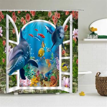 Imagem de Cortinas de chuveiro Ocean Dolphin Sea World Animal Tecido impermeável Cortina de chuveiro para banheiro Tamanho grande 240X180 Tela, 7195G, L210xA180cm