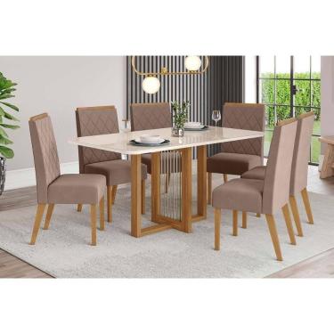 Imagem de Conjunto: Mesa de Cozinha Natalí c/ Tampo Madeirado c/ Vidro Curvo 160x90cm e 6 Cadeiras Nina Nature/Suede Light Marrom Amêndoa - Henn