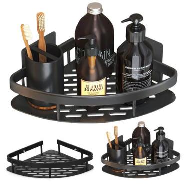 Imagem de Prateleira Canto Banheiro Triangular Preta Fosco Organizador Multiuso 