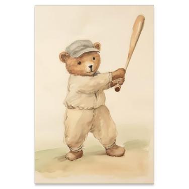 Imagem de WLZWD Pôster de lona de urso de pelúcia jogando beisebol bonito retrô animal esportes arte de parede vintage minimalistas impressões de bebê para quarto de crianças decoração de parede de berçário