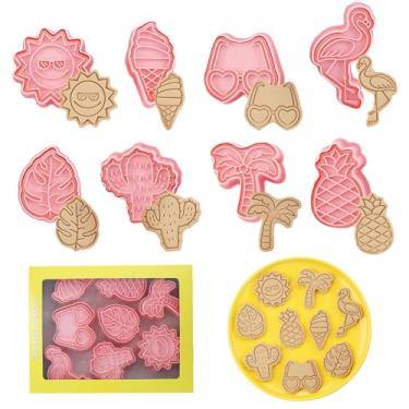 Imagem de Conjunto de 8 cortadores de biscoito de praia de verão, cortadores de biscoito pressionáveis 3D com carimbos de êmbolo, cortadores de biscoito de coco de abacaxi flamingo para utensílios de