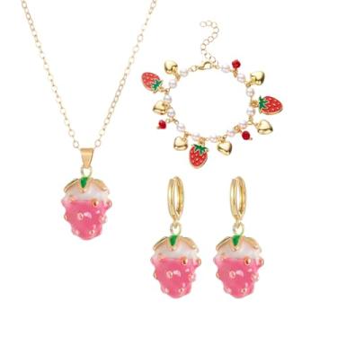 Imagem de coadipress Conjunto de joias de morango, brincos de morango, colar e pulseira para mulheres, fofo, realista, comida, fruta, berloque, joias, presentes de aniversário, Middle, Metal, Sem Pedra Preciosa