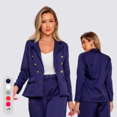 Imagem de Blazer Feminino Alfaiataria Com Botões - IVSTORE, Azul marinho, G(42-4