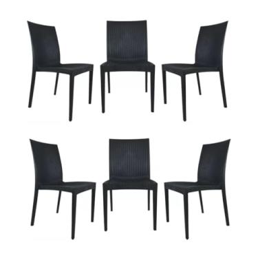 Imagem de Ecom Home Conjunto 6 Cadeiras Pretas em Polipropileno, Design Rattan, Empilháveis, 89 cm Altura, Suporta 140 kg, para Área Interna e Externa
