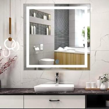Imagem de Espelho Com Led frio Parede quadrado Decorativo 80 X 80 cm jateado lapidado iluminado banheiro bancada penteadeira maquiagem