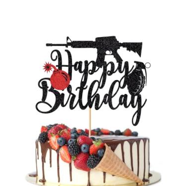 Imagem de Crseniny Topper de bolo de feliz aniversário, tema de arma de glitter preto, tema de arma entusiasta de tiro de pistola, suprimentos de festa