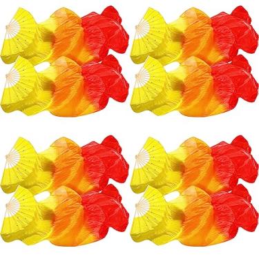 Imagem de Qunclay Fãs de bambu de seda artificial véus longos de dança do ventre leque de seda bandeiras de adoração gradiente colorido para dançarinas dançarinas esquerda e direita 180 x 90 cm (amarelo gradual