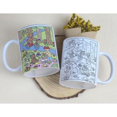 Imagem de Caneca Mágica com Desenho de Ursinhos no Parque, Cerâmica Branca, Colorir e Pintar. Caneca bobbiegoods