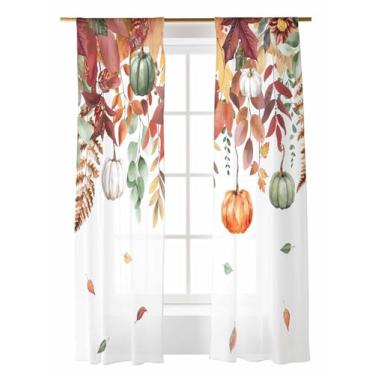 Imagem de Cortinas transparentes de folhas de outono, 213 cm de comprimento, conjunto de 2 painéis, abóboras, cortinas e cortinas com filtro de luz, bolso de haste, cortina de painel de voile para quarto, sala