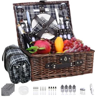 Imagem de Neti Neti Cesta de piquenique de vime para 4 pessoas com refrigerador isolado e cobertor impermeável – Grande cesto de piquenique de salgueiro para atividades ao ar livre, acampamento, praia