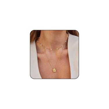 Imagem de GlameVibe Colares femininos de aço inoxidável em camadas, banhado a ouro 18 quilates com pingente de trevo de cinco folhas da sorte, conjunto delicado de joias para presente, Large, Aço inoxidável