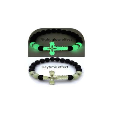 Imagem de LXSSLY Pulseiras De Pedra Vulcânica Natural 8 Mm Para Homens, Cruz Luminosa Ioga, Elásticas Cristal Cura Com Contas Elásticas, Comunhão Religiosa Feminina