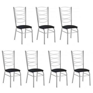 Imagem de Kit 7 Cadeiras Gisele Cromada Com Reforço-assento Corino Preto