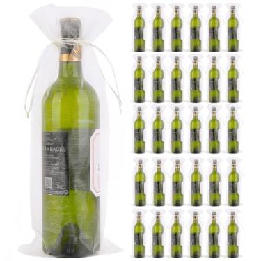 Imagem de BUNCHBRAVO Pacote com 30 sacos de presente de garrafa de vinho de organza – sacos de garrafas de vinho com cordão transparente para casamento, festa, férias, embrulho de presente, marfim