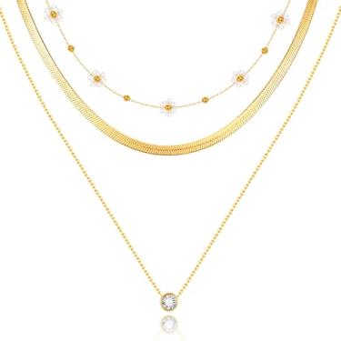 Imagem de KSF Colar feminino de pérolas com laço de ouro - Conjunto de colares de pérola margarida em camadas banhado a ouro 18k delicado para mulheres, lindo laço de flor gargantilha colar joias modernas