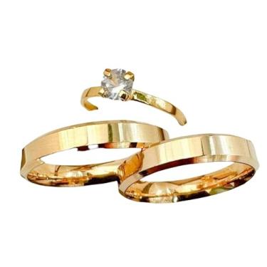 Imagem de Par Aliança e Anel Solitário 4MM Noivado Casamento compromisso 100% em moeda cor de ouro 18k(20-21,19-20)