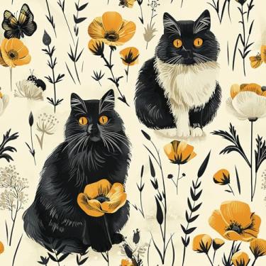 Imagem de Livelynine Papel de parede de flor de gato de 44,5 x 701 cm, retrô, bege, creme, preto, dourado, amarelo, gatinhos, bonitos, papéis de parede para quarto, locatário, animal, floral, papel de contato