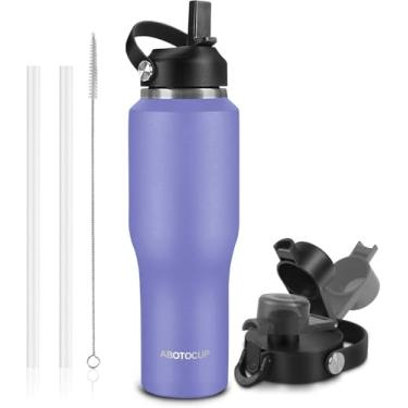 Imagem de ABOTOCUP Garrafa de água preta de 947 g, aço inoxidável, mantenha frio 24h e quente 12H, garrafa de água com canudo e tampas de bico, garrafa de água isolada, aspirador de parede dupla, cabe em