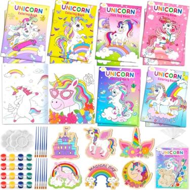 Imagem de Winrayk 12 conjuntos de lembrancinhas de festa de unicórnio suprimentos de aniversário para meninas, livros de colorir de unicórnio, kits de pintura de artesanato em madeira, bolsa de presente