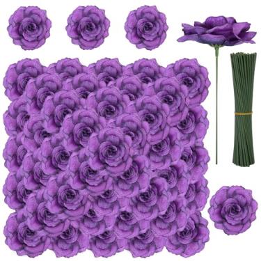 Imagem de Flores de cabeça de rosa com haste - 108 peças de flores artificiais de rosa roxa escura a granel - flor falsa de rosa de seda para buquê de casamento, decoração de casa, decoração de mesa de chá de