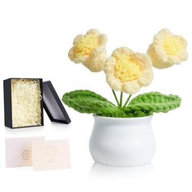 Imagem de ZHIYUXI Flor de orquídea de crochê artificial de lírio amarelo do vale, presentes para mulheres, flores eternas feitas à mão, flor de malha para painel de carro, decoração de escritório em casa