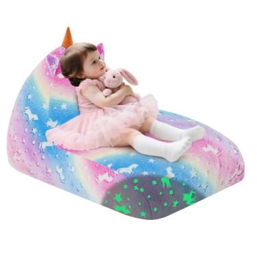 Imagem de COMAX Cadeira de pufe unicórnio para crianças de 8 a 12 anos, cadeira de pufe infantil com enchimento, espreguiçadeira infantil para meninas e meninos, arco-íris brilhante