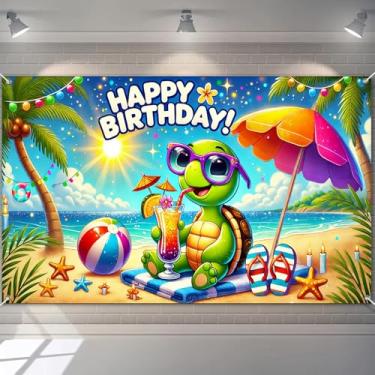 Imagem de BlissYard Faixa de feliz aniversário praia tartaruga festa decoração verão divertido óculos de sol tartaruga marinha pano de fundo para bebida 180 x 109 cm palmeiras para crianças adultos fotografia