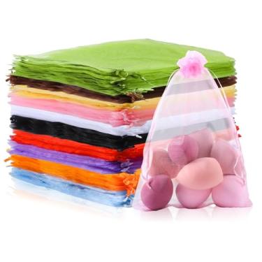 Imagem de Mstar Pack 100 sacos de organza, organza cinza transparente, lembrancinha de casamento com cordão, bolsa de presente de joias para festa, joias, sabonetes de banheiro (colorido, 17 x 23 cm)
