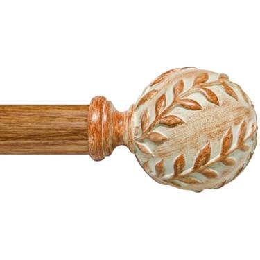 Imagem de Varões de cortina de madeira para janelas de 1,7 a 3 m: varão de cortina ajustável resistente de 2,5 cm de diâmetro com acabamentos de folha esculpida para sala de estar e quarto