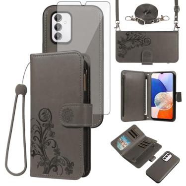 Imagem de Asuwish Capa de celular para Samsung Galaxy A14/M14 5G com zíper carteira magnética destacável com protetor de tela de vidro temperado, alça transversal, compartimento para cartão de flores A 14 4G 14