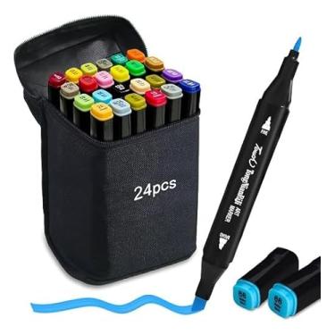 Imagem de Kit 24 Canetinhas Permanente Touch Coloridas com Estojo – Caneta Marcador Escolar de Ponta Dupla para Colorir e Desenhar