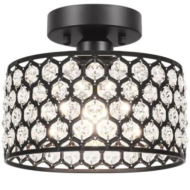 Imagem de Lxybcce Luminária de teto de cristal preto - Lustre de teto moderno com montagem semi-embutida para corredor, cozinha e hall de entrada | Lustre de prisma deslumbrante com fácil instalação, 1 luz, 23