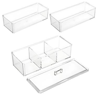 Imagem de RETON Dispensador de acrílico para banheiro, 3 compartimentos, com tampa, organizador de maquiagem transparente de plástico com 3 gavetas para meninas, suporte de cotonete de algodão à prova d'água