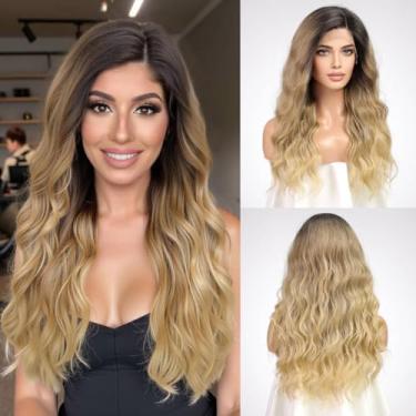 Imagem de Getshow Peruca feminina loira cinza ombré, longa, encaracolada, em camadas, com raízes escuras, parte lateral do cabelo