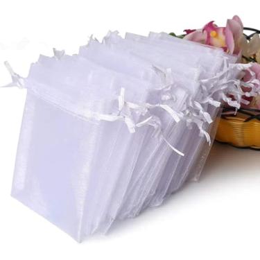 Imagem de JDYYICZ 100 peças de organza transparente premium, sacos brancos para lembrancinhas de casamento, cordão, 10 x 12 cm, sacolas de presente de joias, festivais, sabonetes de banheiro, sacolas de