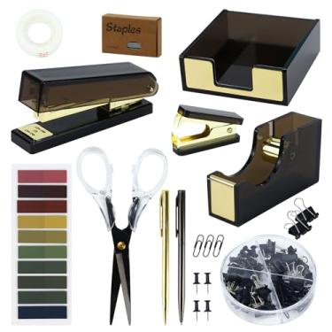 Imagem de Buqoo Grampeador de notas adesivas de acrílico preto e cortador de fita com removedor de grampo, notas adesivas, clipes de papel, tesoura, caneta esferográfica para escola, casa, material de