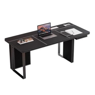 Imagem de ZzleoyuUUs-12 Mesa de trabalho de couro com sela preta, mesa de trabalho com pernas de metal, mesa espaçosa para escritório, laptop, PC, mesa com armazenamento e escrivaninha (s)