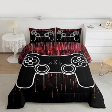Imagem de jejeloiu Conjunto de edredom gamer para meninos, tamanho casal, roxo, para meninas, adolescentes, vermelho, hexagonal, respirável, macio, leve, microfibra para decoração de quarto de jogos, 3 peças
