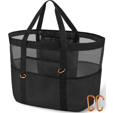 Imagem de Yeendibo Bolsa de praia feminina chique e espaçosa XX-Grande – 12 bolsos, malha impermeável, dobrável, inclui 2 mosquetões, Preto, XX-Large